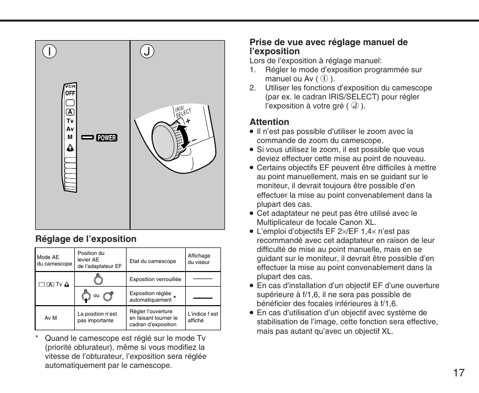 Prise de vue avec réglage manuel de l’exposition, Attention, Réglage de l’exposition | Canon XL User Manual | Page 17 / 44