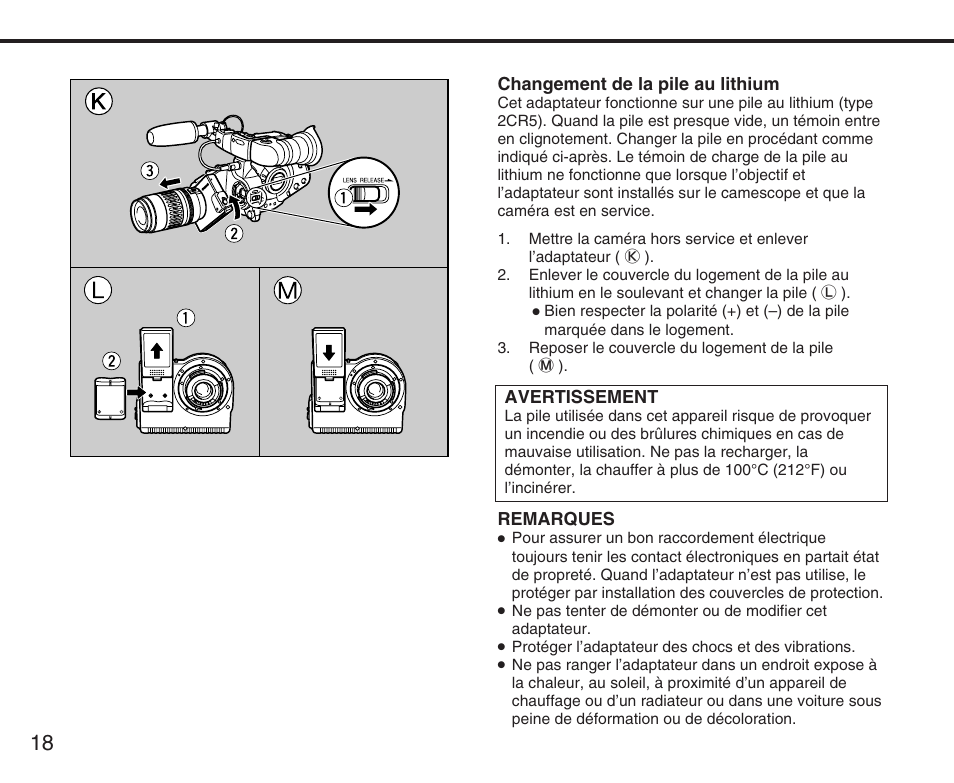 Changement de la pile au lithium, Avertissement, Remarques | Canon XL User Manual | Page 18 / 44