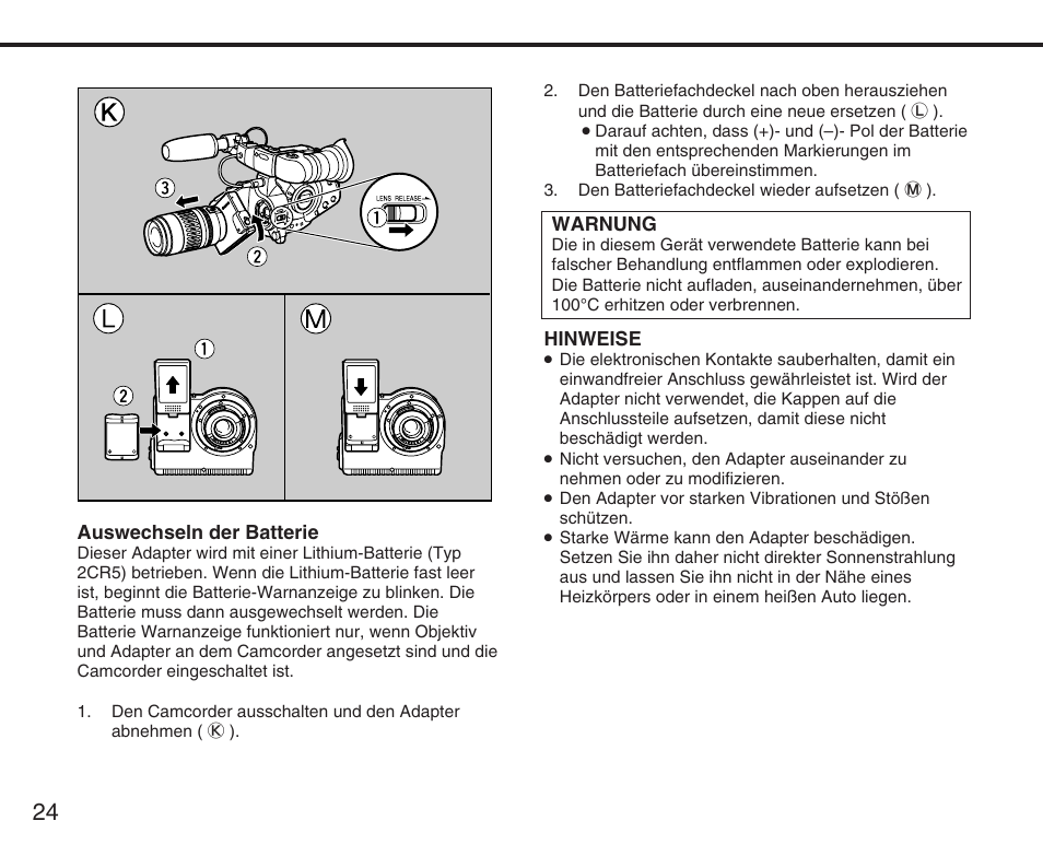 Auswechseln der batterie, Warnung, Hinweise | Canon XL User Manual | Page 24 / 44