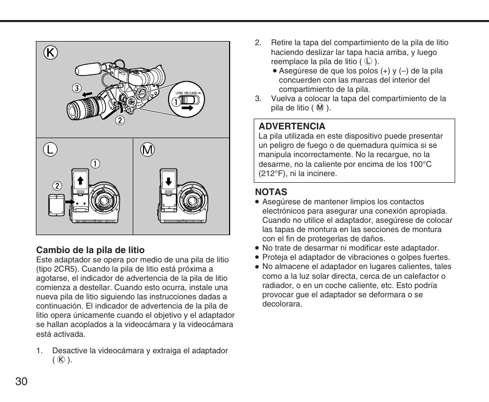 Cambio de la pila de litio, Advertencia, Notas | Canon XL User Manual | Page 30 / 44