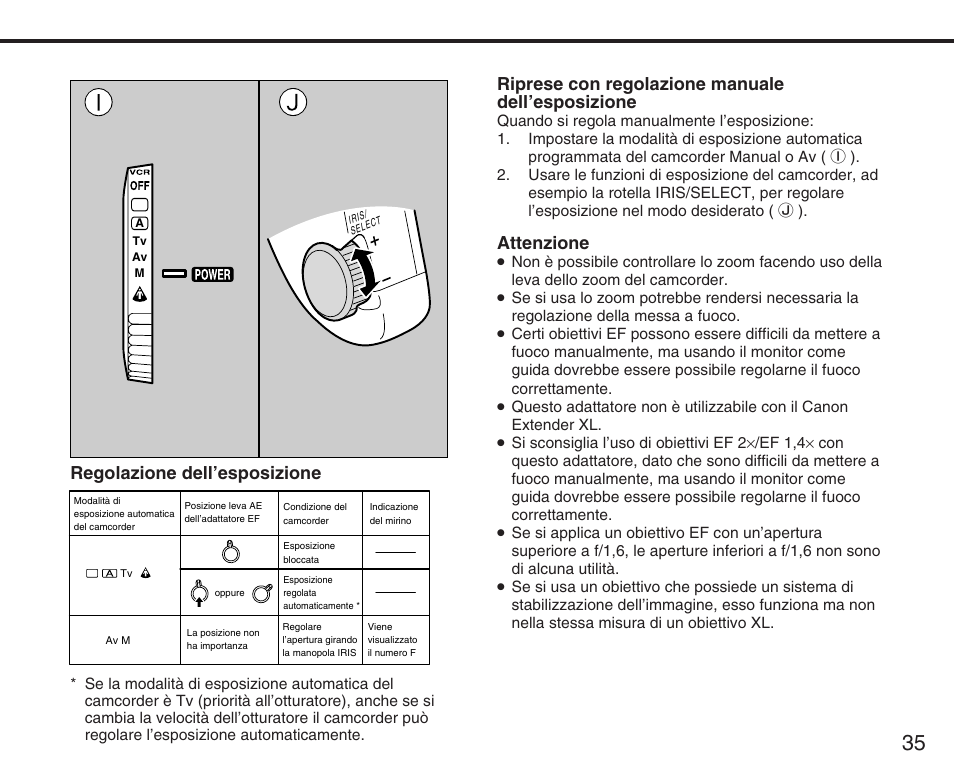 Riprese con regolazione manuale dell’esposizione, Attenzione, Regolazione dell’esposizione | Canon XL User Manual | Page 35 / 44