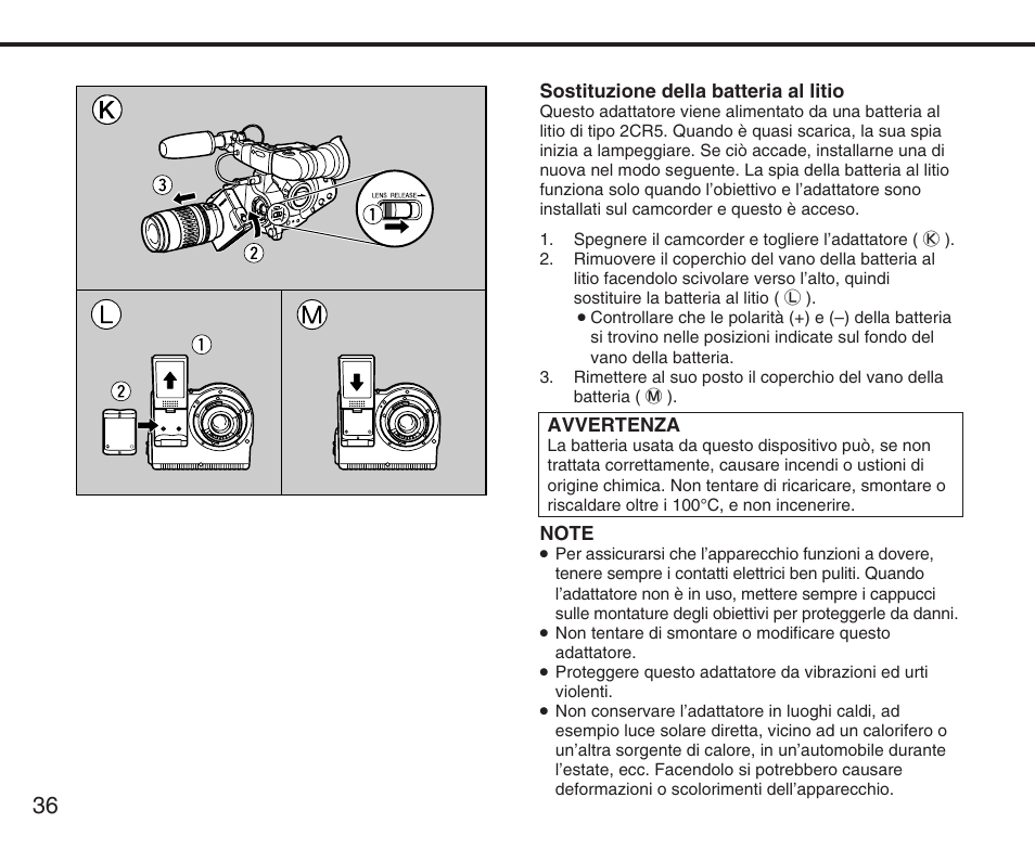 Sostituzione della batteria al litio, Avvertenza | Canon XL User Manual | Page 36 / 44