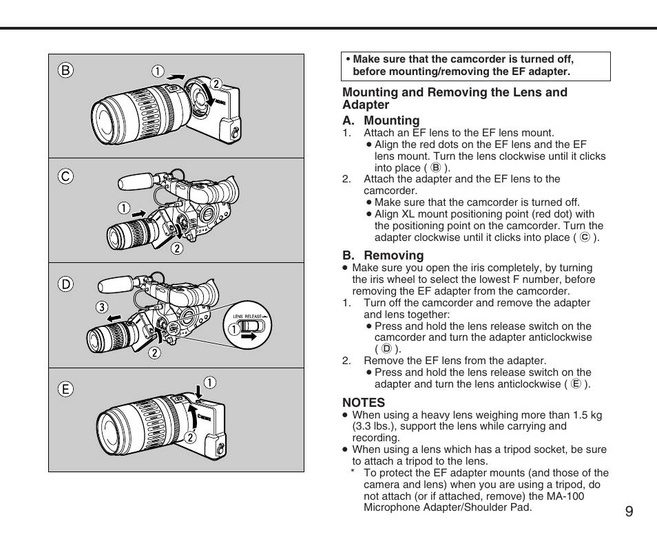 B. removing | Canon XL User Manual | Page 9 / 44