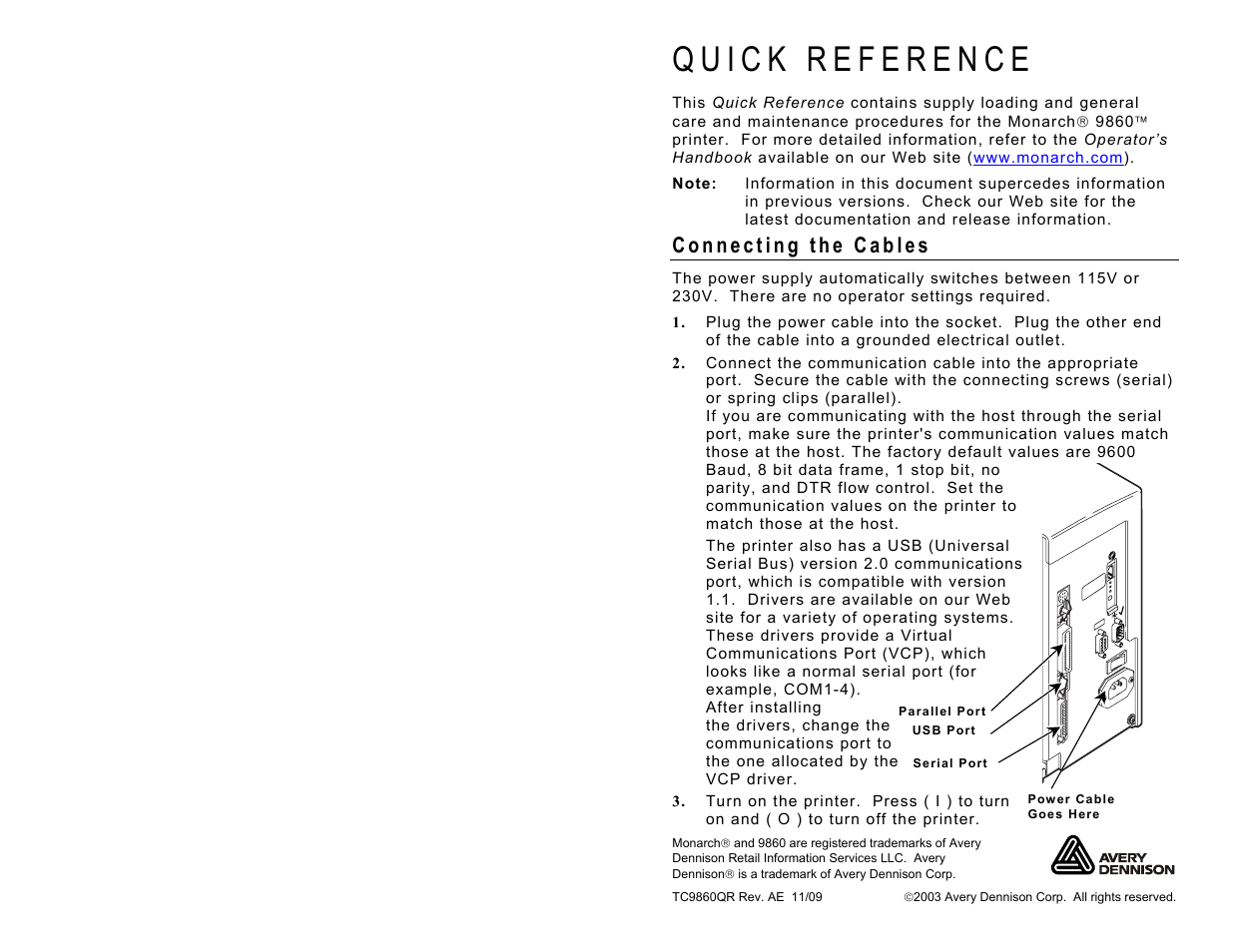 Avery Dennison Monarch 9860 Quick Reference User Manual | 12 pages