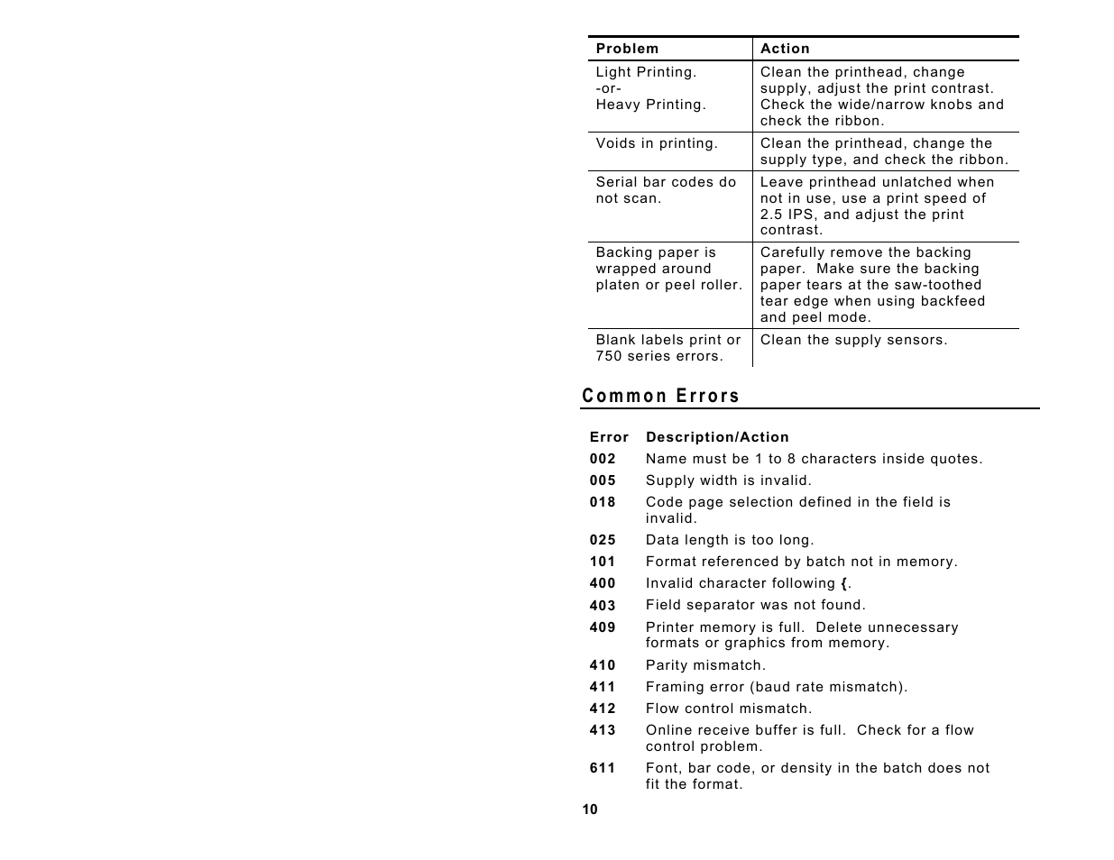 Common errors | Avery Dennison Monarch 9860 Quick Reference User Manual | Page 10 / 12