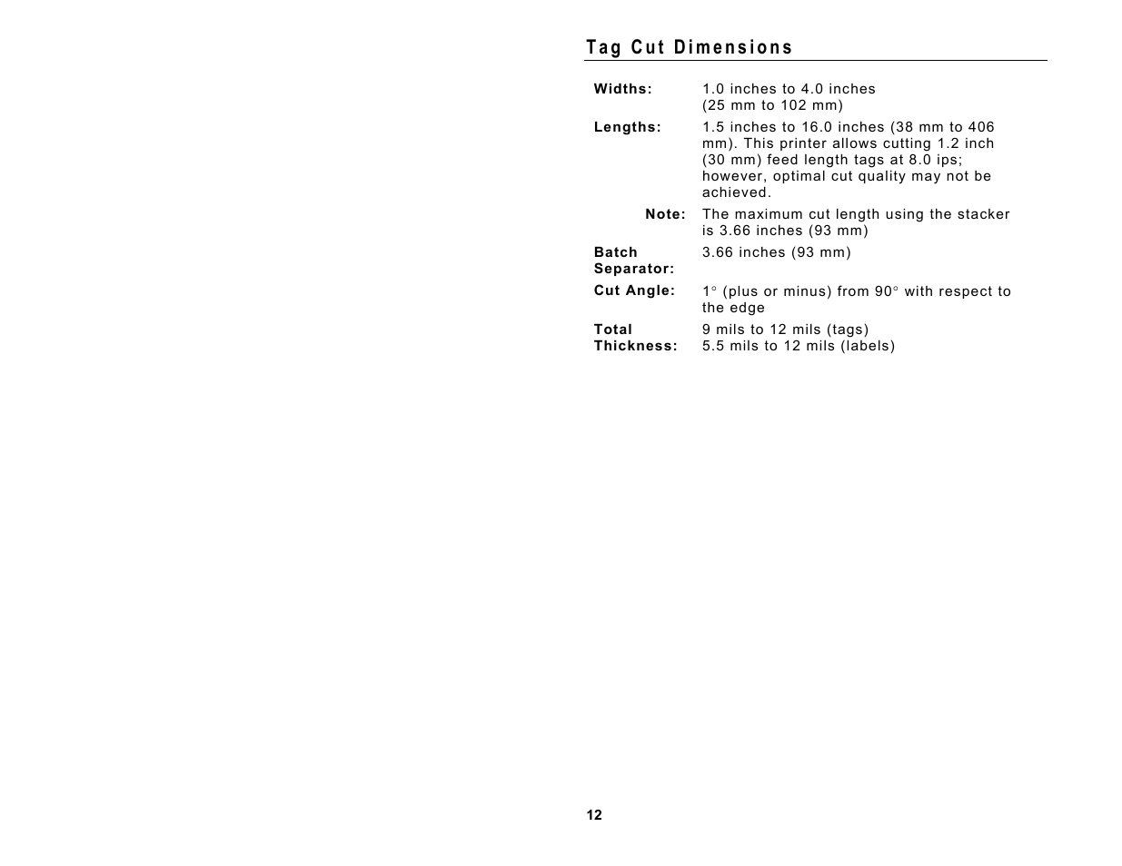 Tag cut dimensions | Avery Dennison Monarch 9860 Quick Reference User Manual | Page 12 / 12