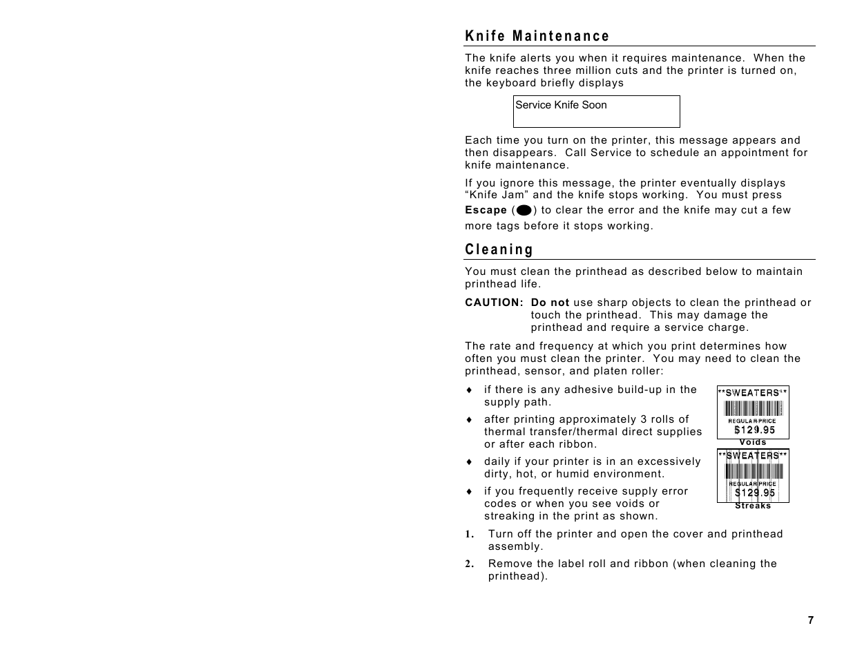 Knife maintenance, Cleaning | Avery Dennison Monarch 9860 Quick Reference User Manual | Page 7 / 12