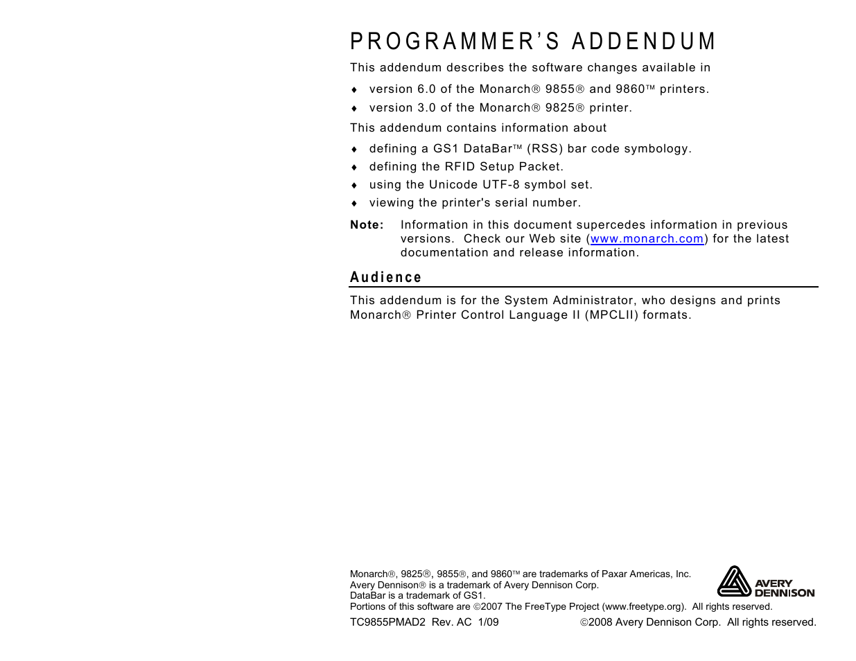 Avery Dennison Monarch 9860 Programmer Manual Addendum2 User Manual | 14 pages