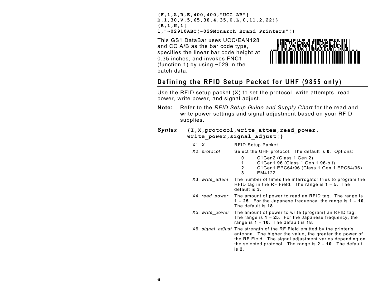 Defining the rfid setup packet for uhf (9855 only) | Avery Dennison Monarch 9860 Programmer Manual Addendum2 User Manual | Page 6 / 14