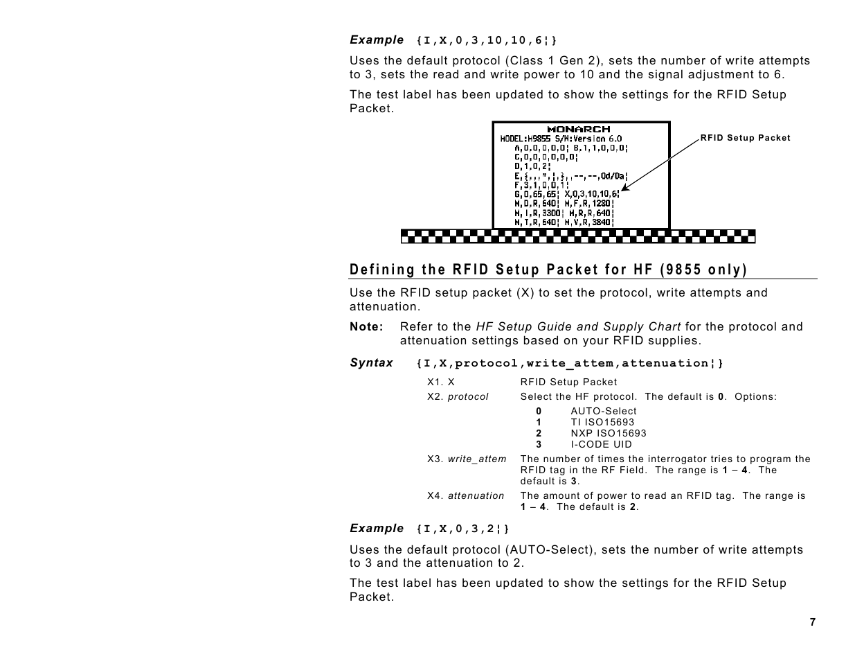 Defining the rfid setup packet for hf (9855 only) | Avery Dennison Monarch 9860 Programmer Manual Addendum2 User Manual | Page 7 / 14