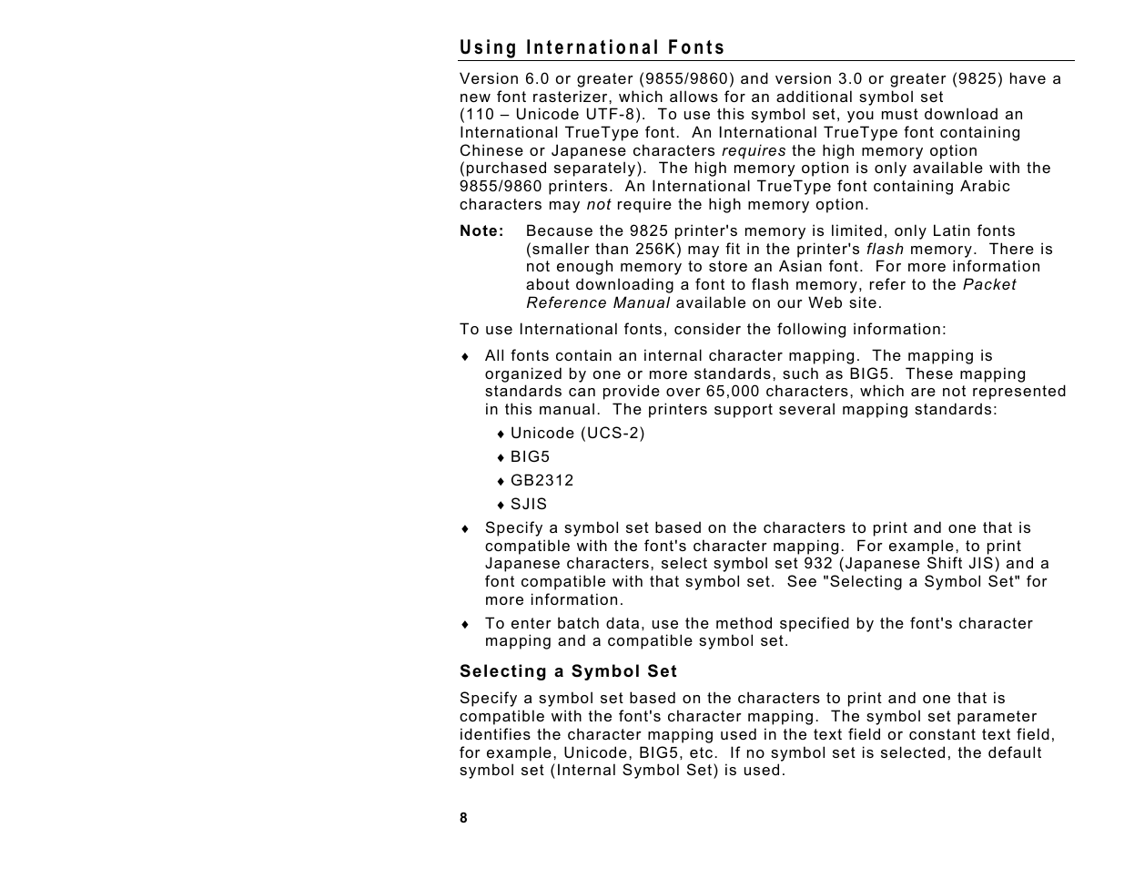 Using international fonts, Selecting a symbol set | Avery Dennison Monarch 9860 Programmer Manual Addendum2 User Manual | Page 8 / 14