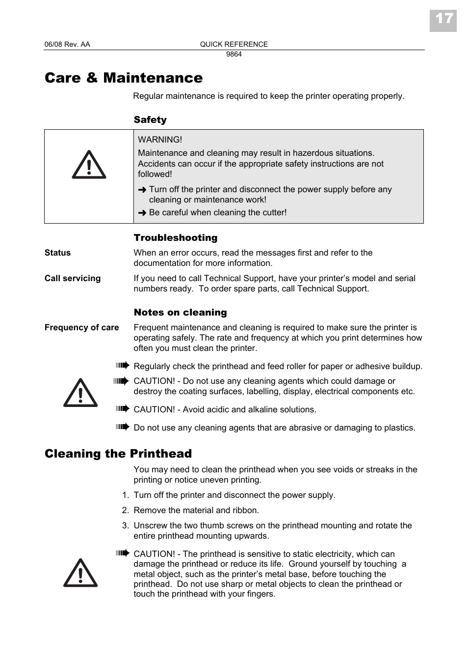 Safety, Troubleshooting, Notes on cleaning | Cleaning the printhead, 17 care & maintenance | Avery Dennison Monarch 9864 Quick Reference User Manual | Page 19 / 28