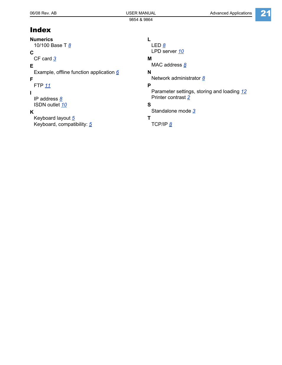 Index | Avery Dennison Monarch 9864 Advanced Applications User Manual | Page 21 / 21