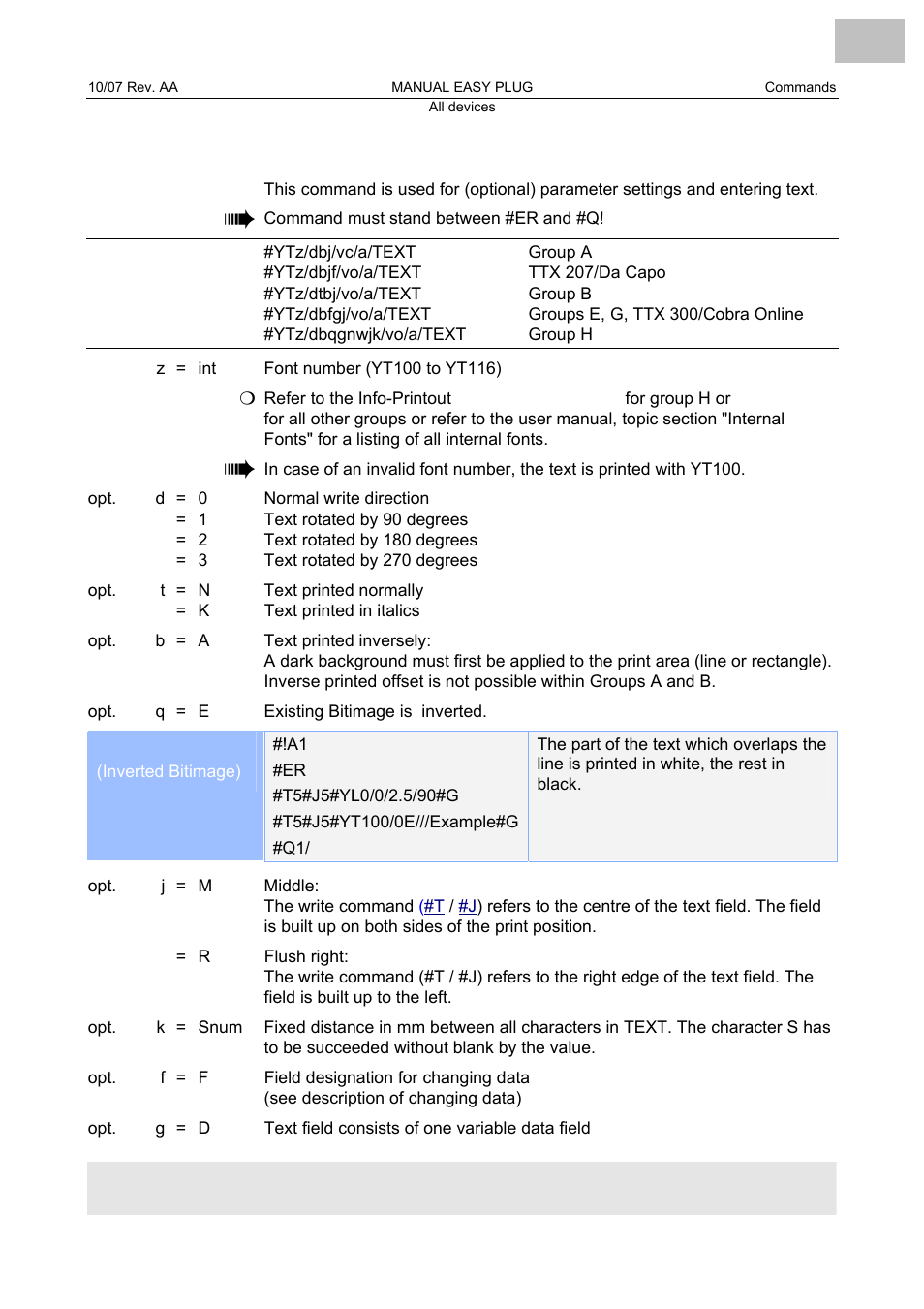 Yt text field definition, Text field definition, Mmand | The space, Equals #yt command | Avery Dennison Monarch 9864 Description of Commands User Manual | Page 112 / 119