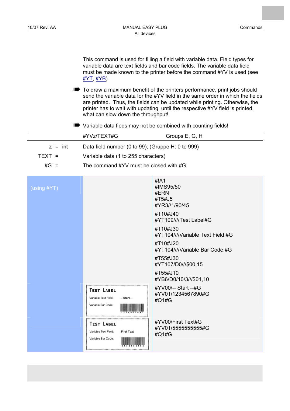 Yv variable data field, Variable data field, For an application example goto | Command, Instead | Avery Dennison Monarch 9864 Description of Commands User Manual | Page 114 / 119