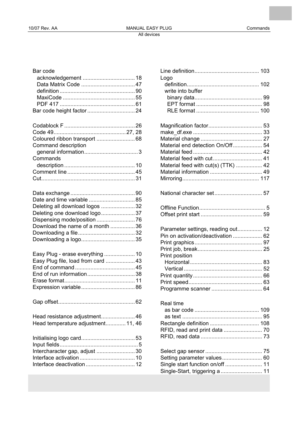 Index | Avery Dennison Monarch 9864 Description of Commands User Manual | Page 118 / 119