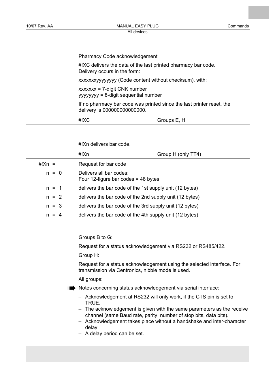 Xc pharmacy code ackn, Xn bar code acknowledgement, Xn status acknowledgement | Pharmacy code ackn, Bar code acknowledgement, Status acknowledgement | Avery Dennison Monarch 9864 Description of Commands User Manual | Page 18 / 119
