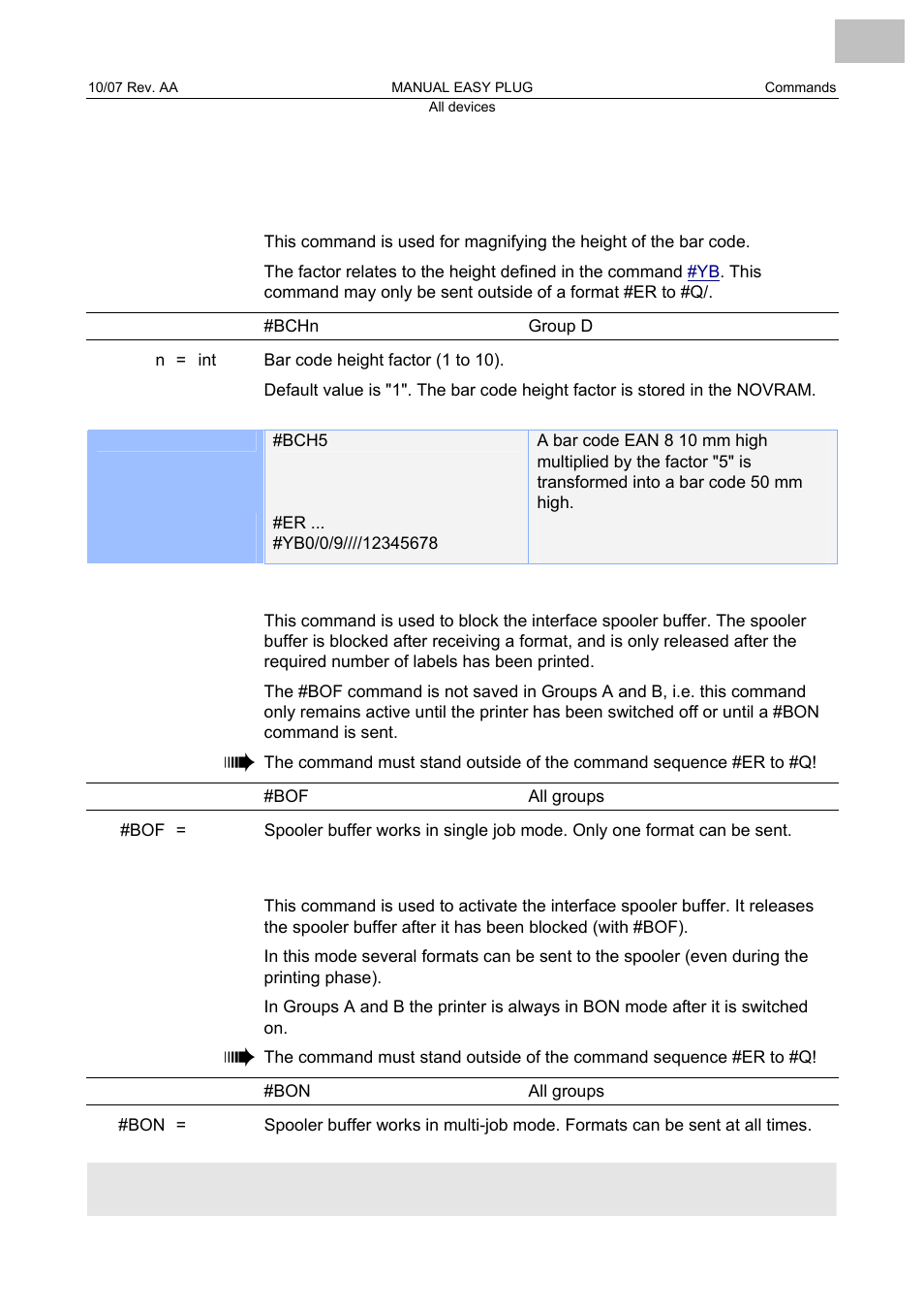 Bch bar code height factor, Bof spooler buffer off, Bon spooler buffer on | Bar code height factor, Spooler buffer off, Spooler buffer on | Avery Dennison Monarch 9864 Description of Commands User Manual | Page 24 / 119
