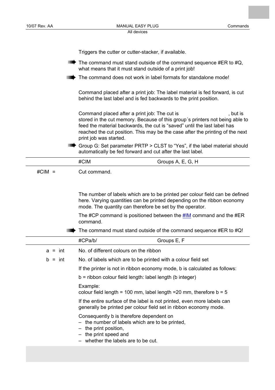 Cim cut, Cp no. of labels per colour field, No. of labels per colour field | Avery Dennison Monarch 9864 Description of Commands User Manual | Page 31 / 119