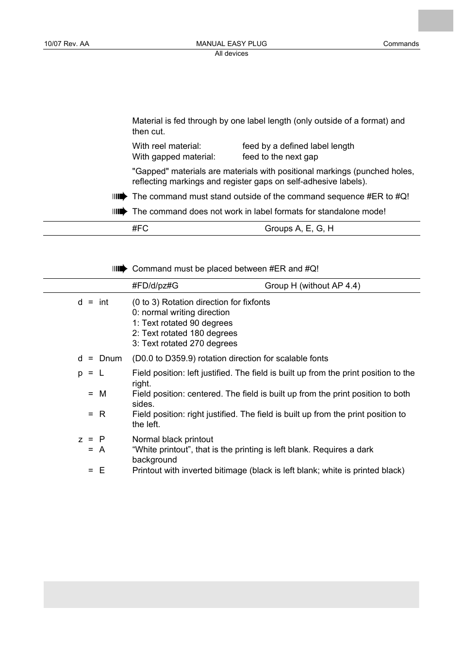 Fc material feed with cut, Fd field orientation and options, Material feed with cut | Field orientation and options | Avery Dennison Monarch 9864 Description of Commands User Manual | Page 41 / 119