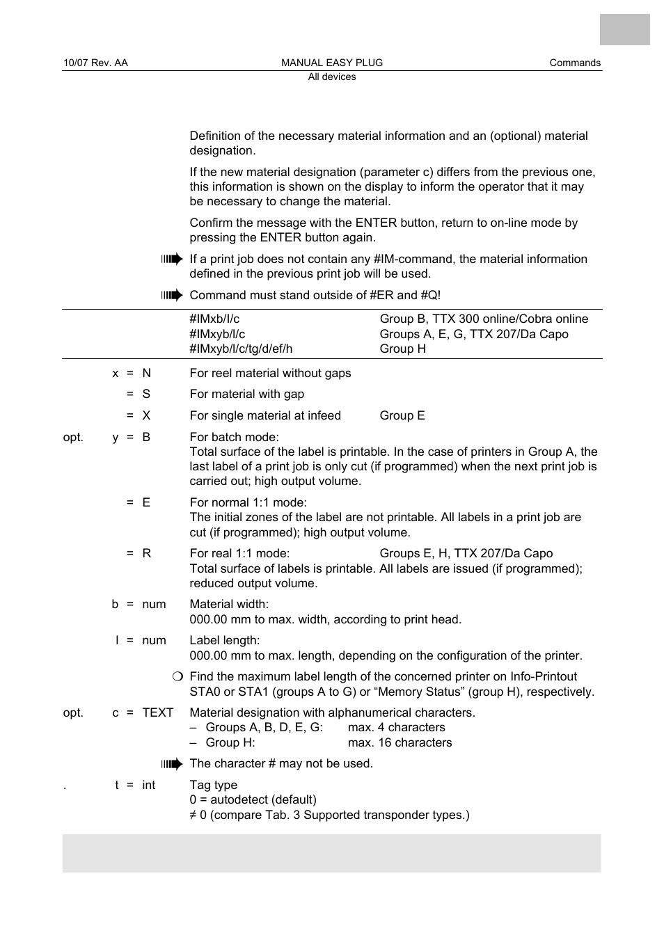 Im material information, Material information | Avery Dennison Monarch 9864 Description of Commands User Manual | Page 49 / 119