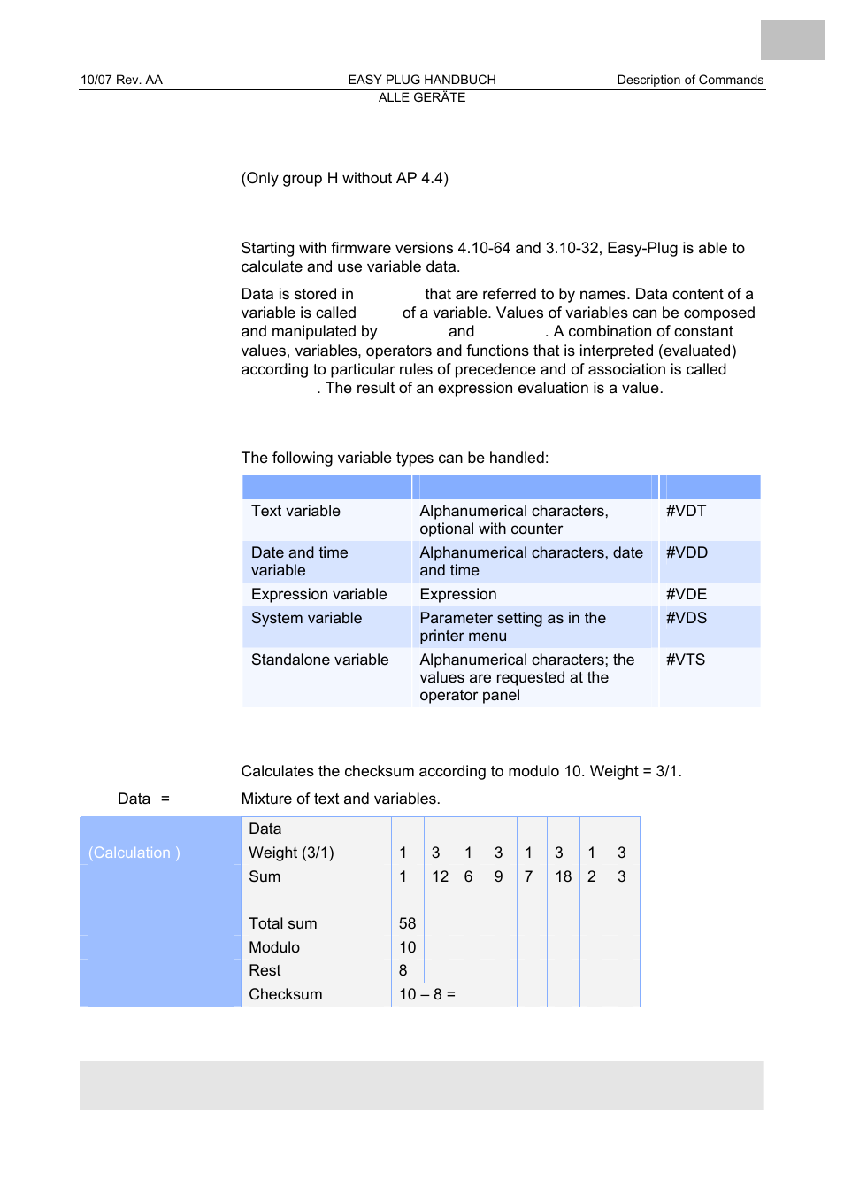 Easy-plug variables, Application, Variables | Functions | Avery Dennison Monarch 9864 Description of Commands User Manual | Page 6 / 119