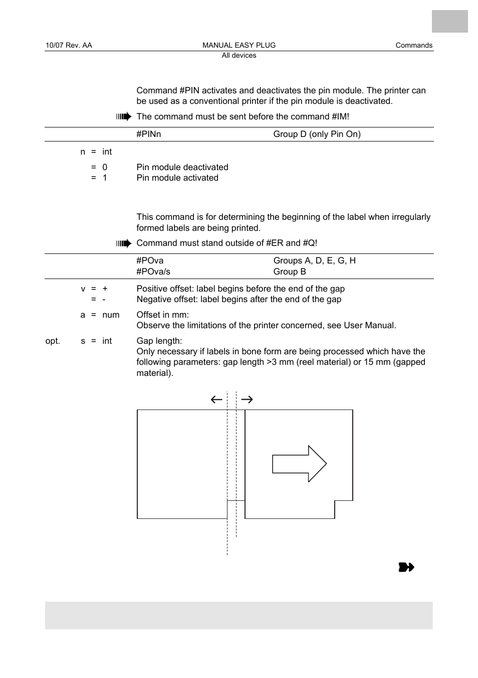 Pin pin on activation/deactivation, Po gap offset, Pin on activation/deactivation | Gap offset | Avery Dennison Monarch 9864 Description of Commands User Manual | Page 62 / 119
