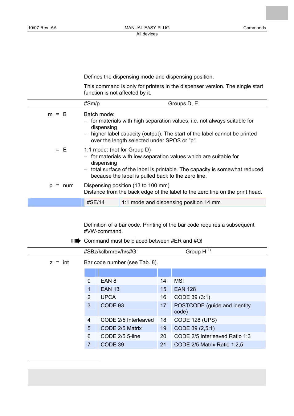 S dispensing mode/position, Sb bar code definition, Dispensing mode/position | Bar code definition | Avery Dennison Monarch 9864 Description of Commands User Manual | Page 76 / 119