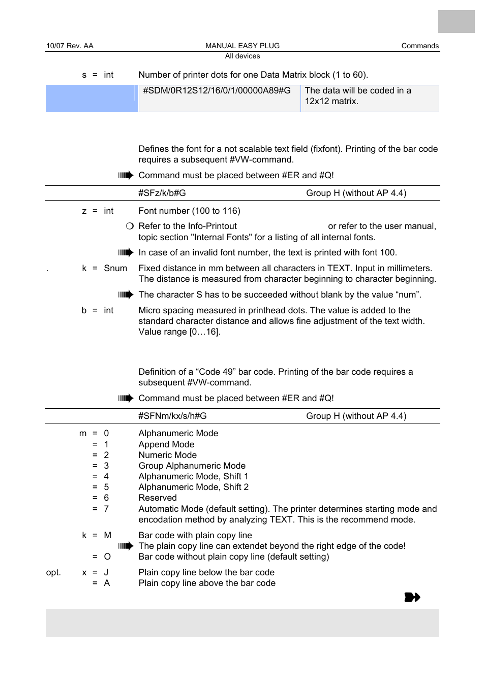 Sf fixfont definition, Sfn code 49 definition, Fixfont definition | Code 49 definition | Avery Dennison Monarch 9864 Description of Commands User Manual | Page 79 / 119