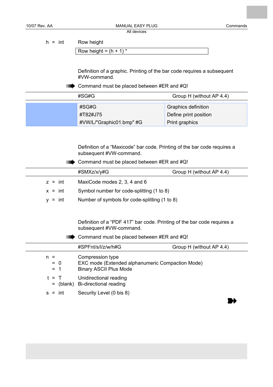 Sg graphics definition, Smx maxicode definition, Spf pdf 417 definition | Graphics definition, Maxicode definition, Pdf 417 definition | Avery Dennison Monarch 9864 Description of Commands User Manual | Page 80 / 119