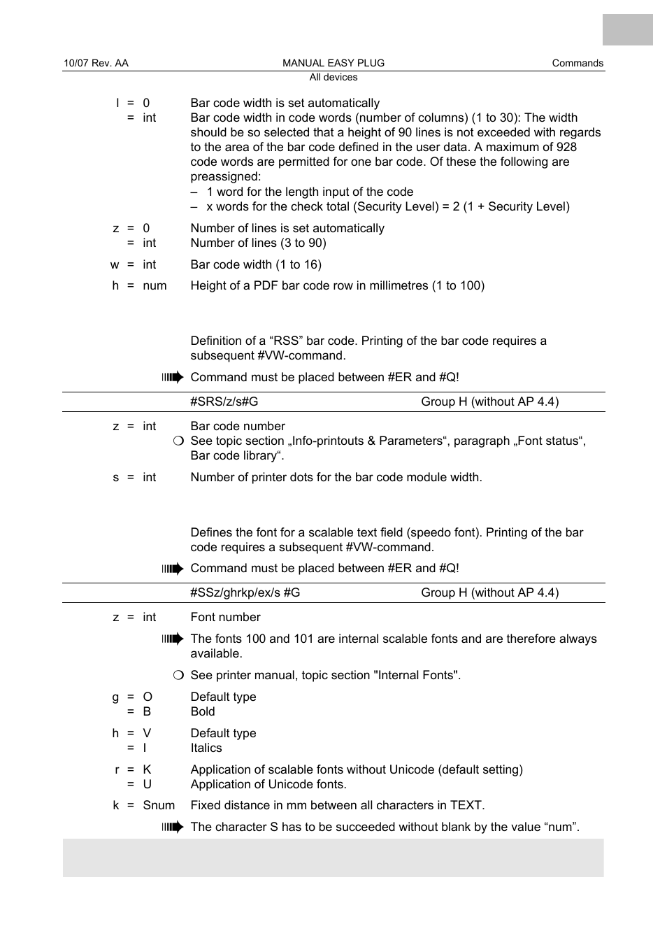 Srs rss definition, Ss speedo font definition, Rss definition | Speedo font definition | Avery Dennison Monarch 9864 Description of Commands User Manual | Page 81 / 119