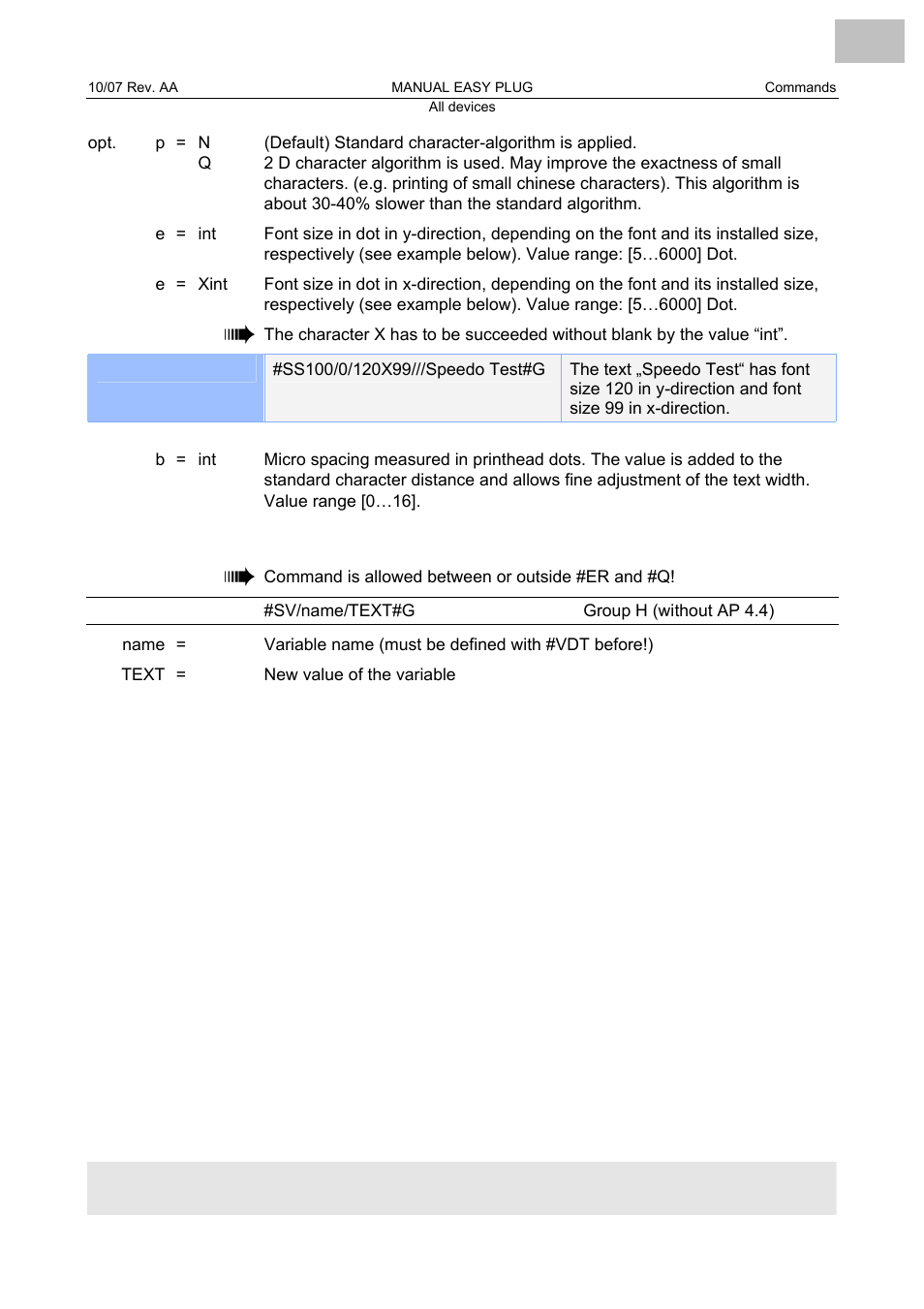 Sv changing the content of a text variable, Variable | Avery Dennison Monarch 9864 Description of Commands User Manual | Page 82 / 119