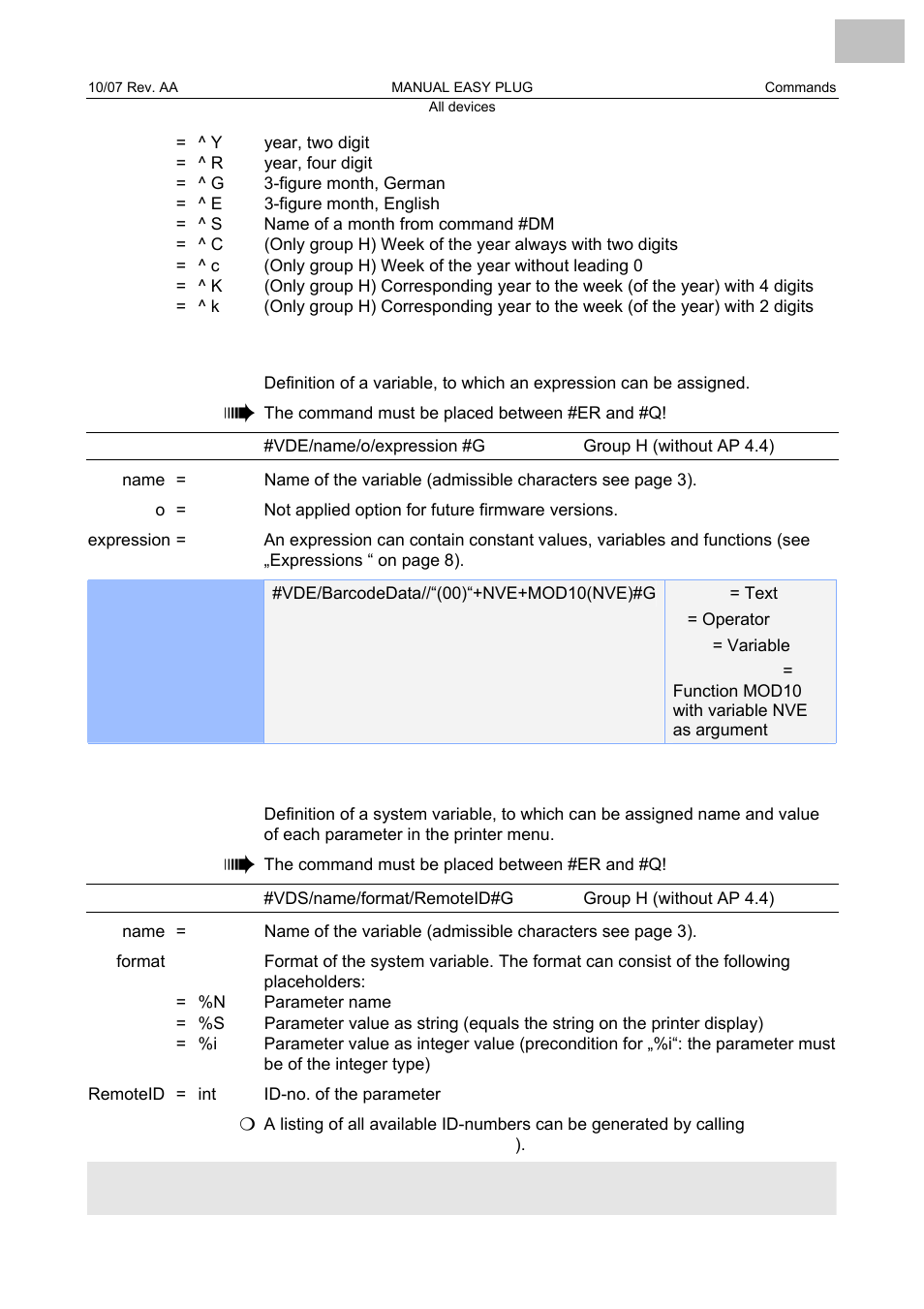 Vde define expression variable, Vds define system variable, Define expression variable | Define system variable | Avery Dennison Monarch 9864 Description of Commands User Manual | Page 86 / 119