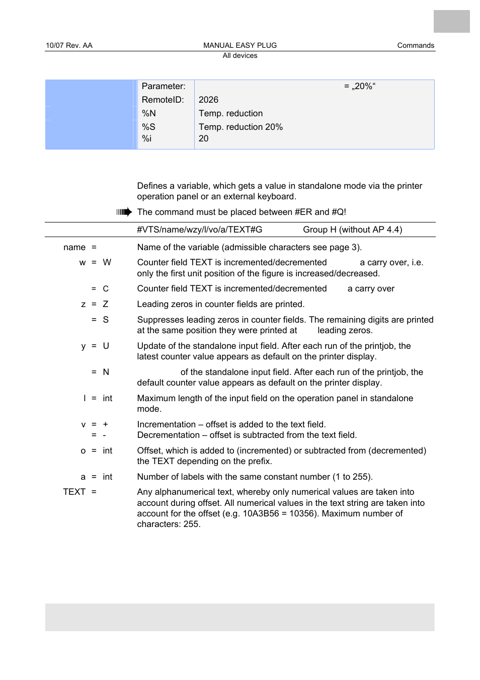 Vts define standalone variable, Define standalone variable | Avery Dennison Monarch 9864 Description of Commands User Manual | Page 88 / 119