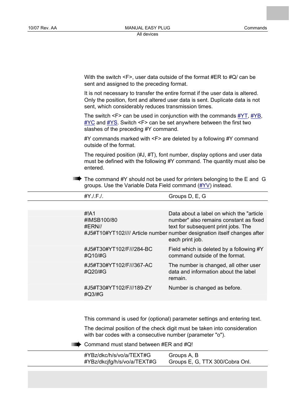 Y./.f./. data exchange, Yb bar code definition, Y./.f | Data exchange, Bar code definition, For bar codes is re | Avery Dennison Monarch 9864 Description of Commands User Manual | Page 90 / 119