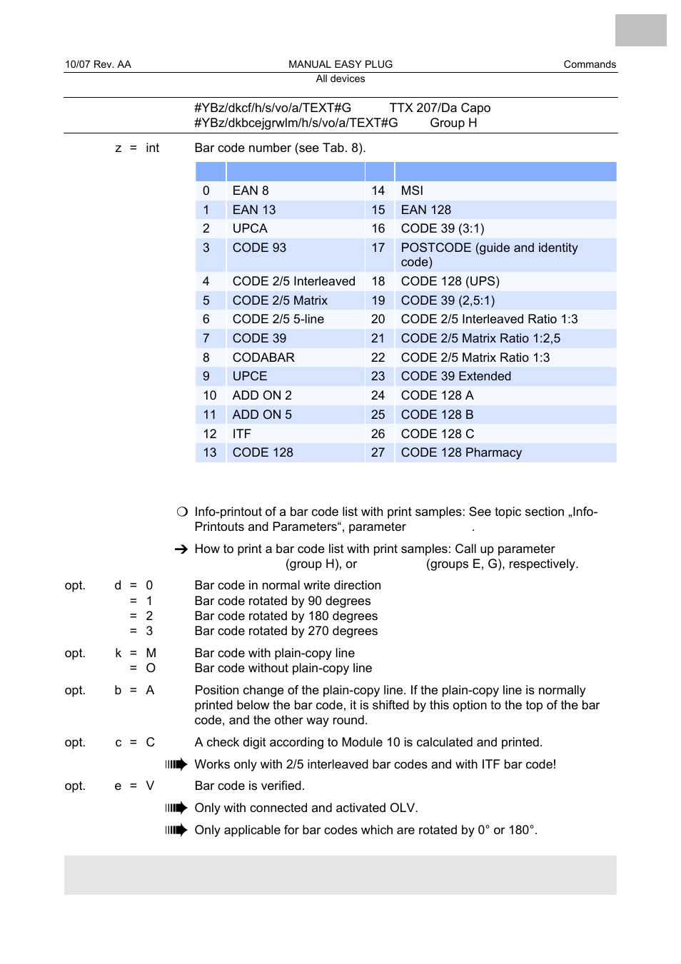 Bar code number (see tab. 8) | Avery Dennison Monarch 9864 Description of Commands User Manual | Page 91 / 119