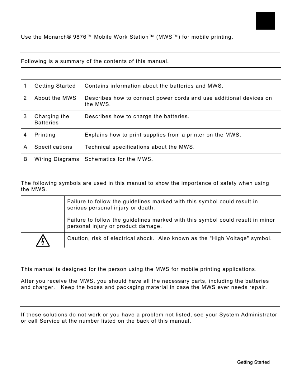 Getting started, Using this manual, Safety precautions | Audience, Calling service, Getting started -1, Using this manual -1, Safety precautions -1, Audience -1, Calling service -1 | Avery Dennison Monarch 9876 User Manual | Page 5 / 24