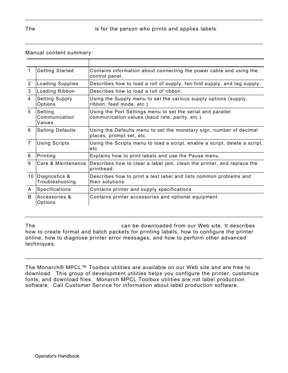 Audience, Using this manual, Ordering programmer's manuals | About monarch® mpcl™ toolbox utilities, Audience -2, Using this manual -2, Ordering programmer's manuals -2, About monarch® mpcl™ toolbox utilities -2 | Avery Dennison Monarch 9906 Operator Handbook User Manual | Page 10 / 116