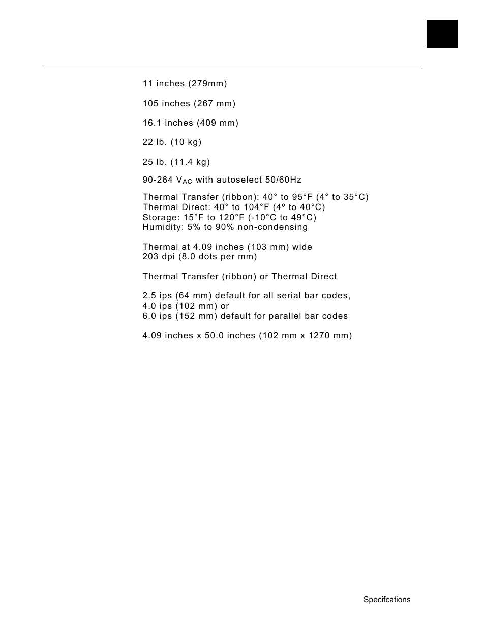 Specifcations, Printer | Avery Dennison Monarch 9906 Operator Handbook User Manual | Page 103 / 116