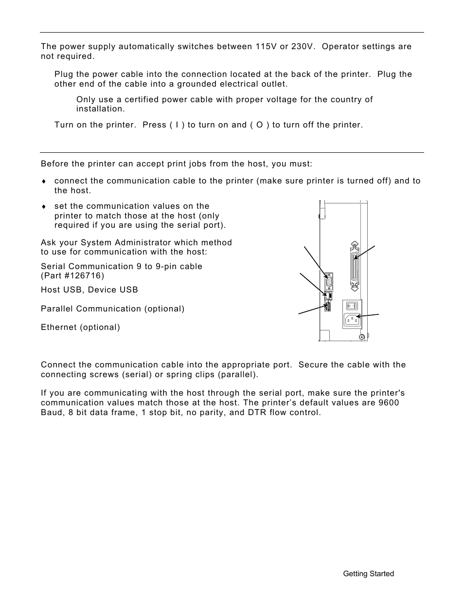 Connecting the power cable, Establishing communications, Connecting the communication cable | Connecting the power cable -3, Establishing communications -3, Connecting the communication cable -3 | Avery Dennison Monarch 9906 Operator Handbook User Manual | Page 11 / 116