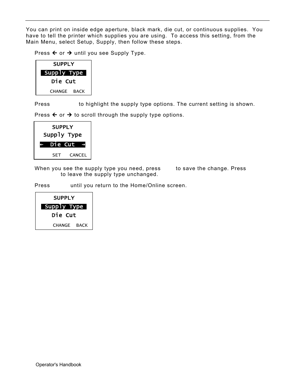 Setting the supply type, Setting the supply type -2 | Avery Dennison Monarch 9906 Operator Handbook User Manual | Page 30 / 116