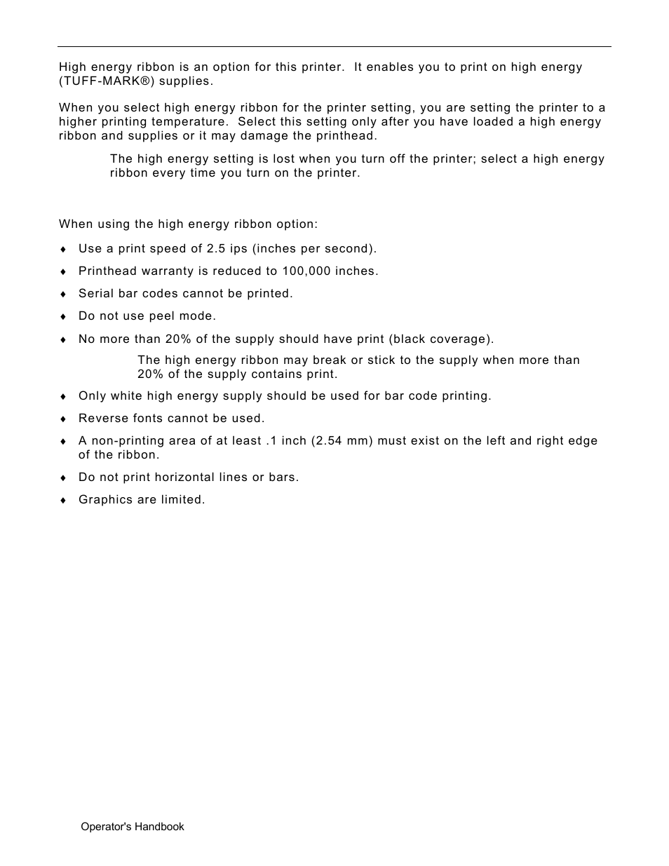 Using a high energy ribbon, High energy ribbon limitations, Using a high energy ribbon -4 | High energy ribbon limitations -4 | Avery Dennison Monarch 9906 Operator Handbook User Manual | Page 32 / 116