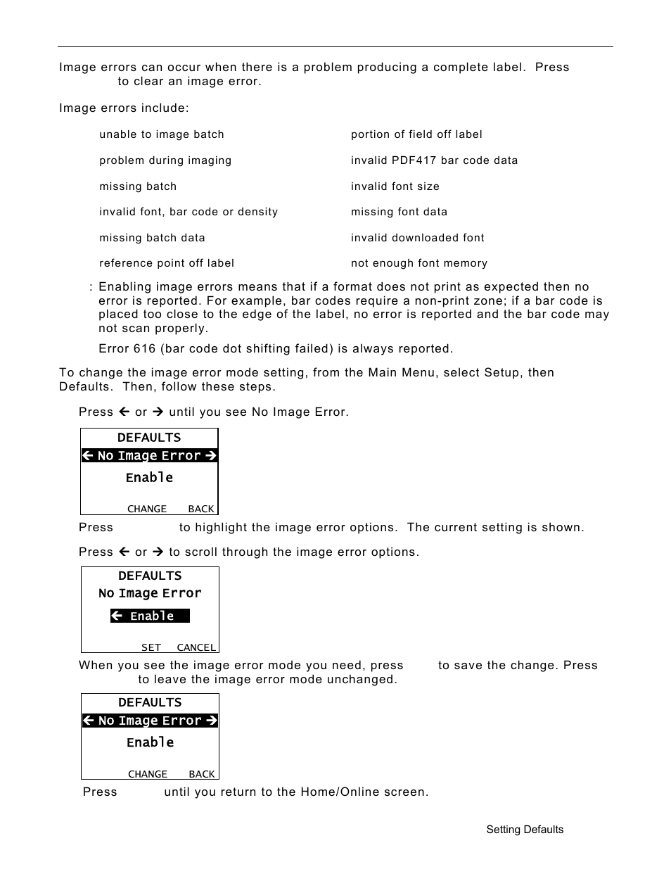 Setting the image error mode, Setting the image error mode -13 | Avery Dennison Monarch 9906 Operator Handbook User Manual | Page 65 / 116
