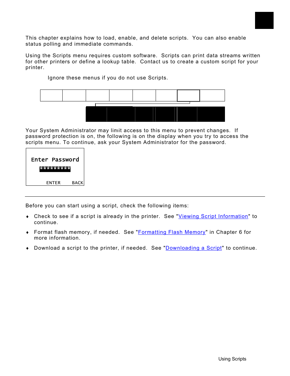 Using scripts, Initial script startup procedures, Using scripts -1 | Initial script startup procedures -1 | Avery Dennison Monarch 9906 Operator Handbook User Manual | Page 69 / 116