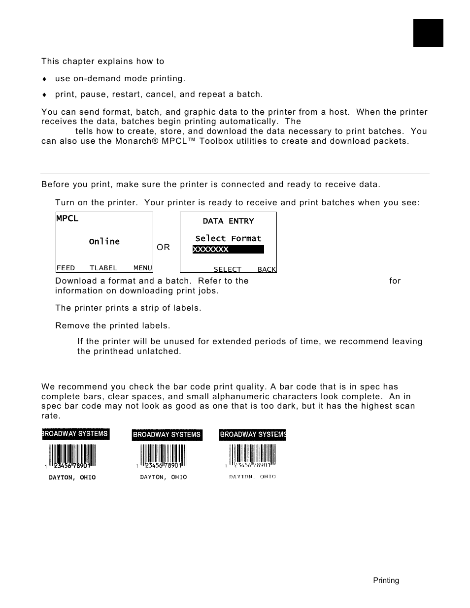 Printing, Printing -1 | Avery Dennison Monarch 9906 Operator Handbook User Manual | Page 83 / 116