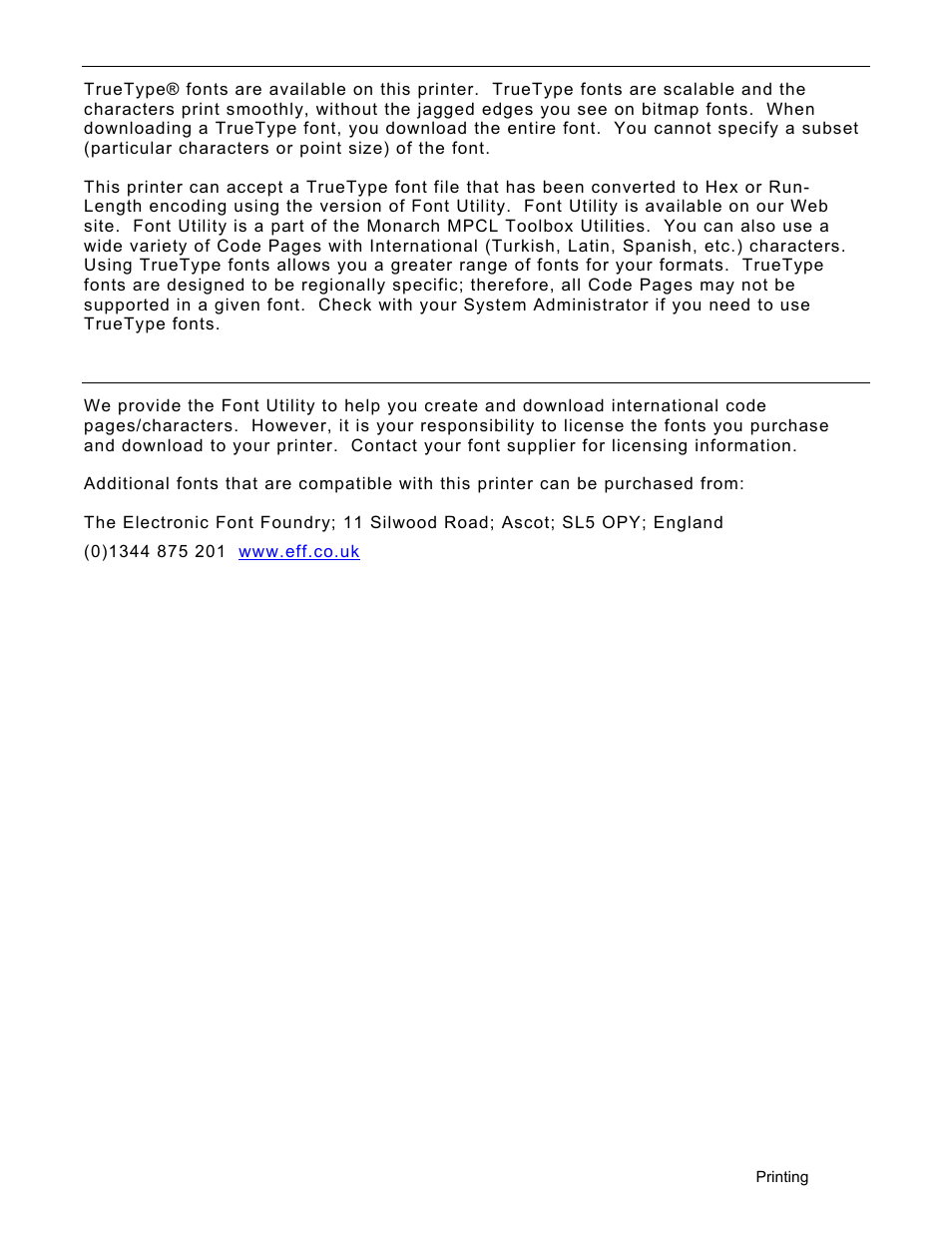 Printing truetype® fonts, Licensing your fonts, Printing truetype® fonts -5 | Licensing your fonts -5 | Avery Dennison Monarch 9906 Operator Handbook User Manual | Page 87 / 116