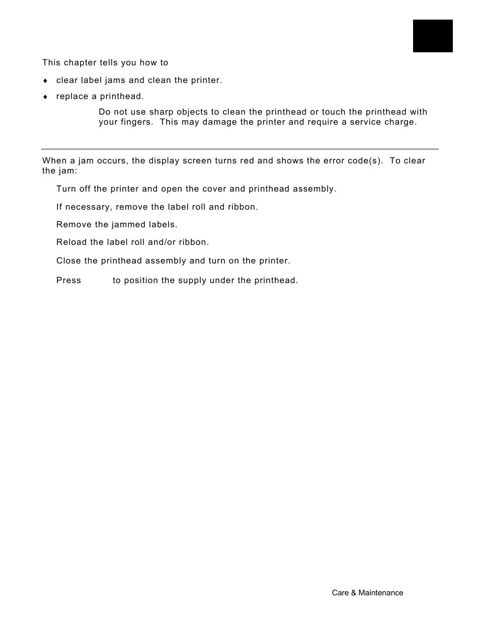 Care & maintenance, Clearing label jams, Care & maintenance -1 | Clearing label jams -1 | Avery Dennison Monarch 9906 Operator Handbook User Manual | Page 89 / 116