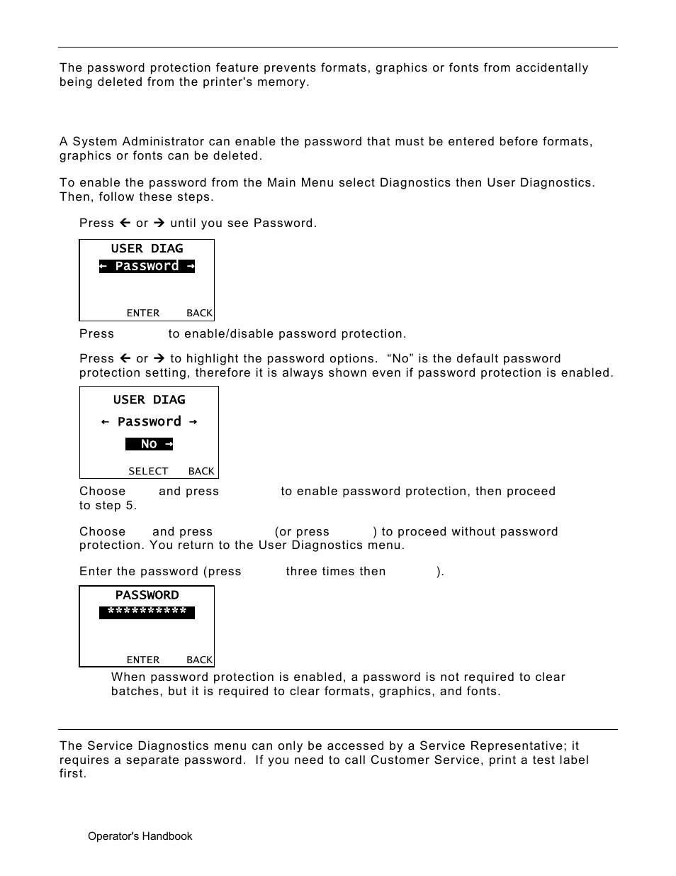 Using password protection, Enabling the password (system administrators only), Service diagnostics | Using password protection -4, Service diagnostics -4 | Avery Dennison Monarch 9906 Operator Handbook User Manual | Page 98 / 116