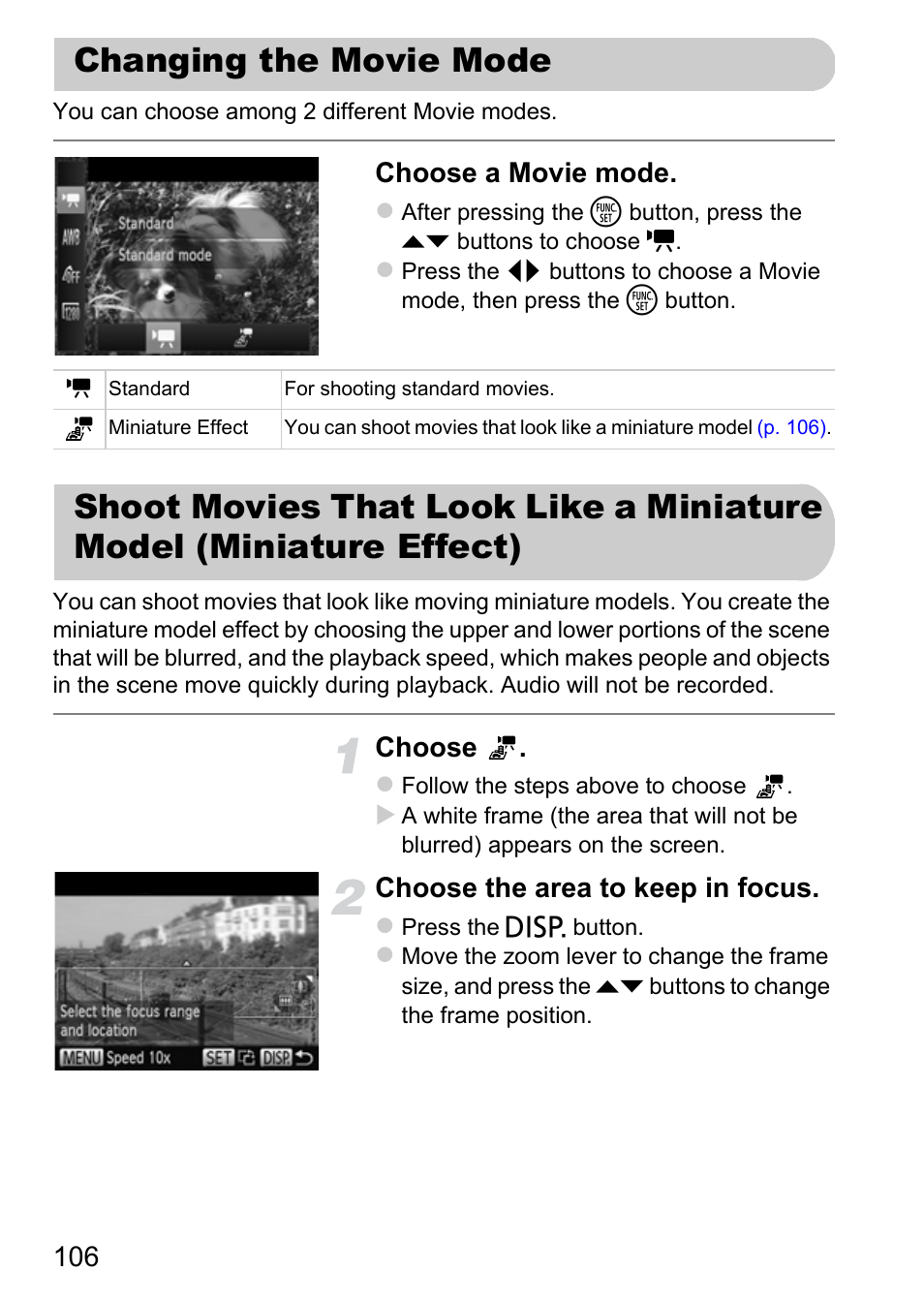 Changing the movie mode, Shoot movies that look like a, Miniature model (miniature effect) | Choose a movie mode, Choose, Choose the area to keep in focus | Canon A3350 IS User Manual | Page 106 / 201
