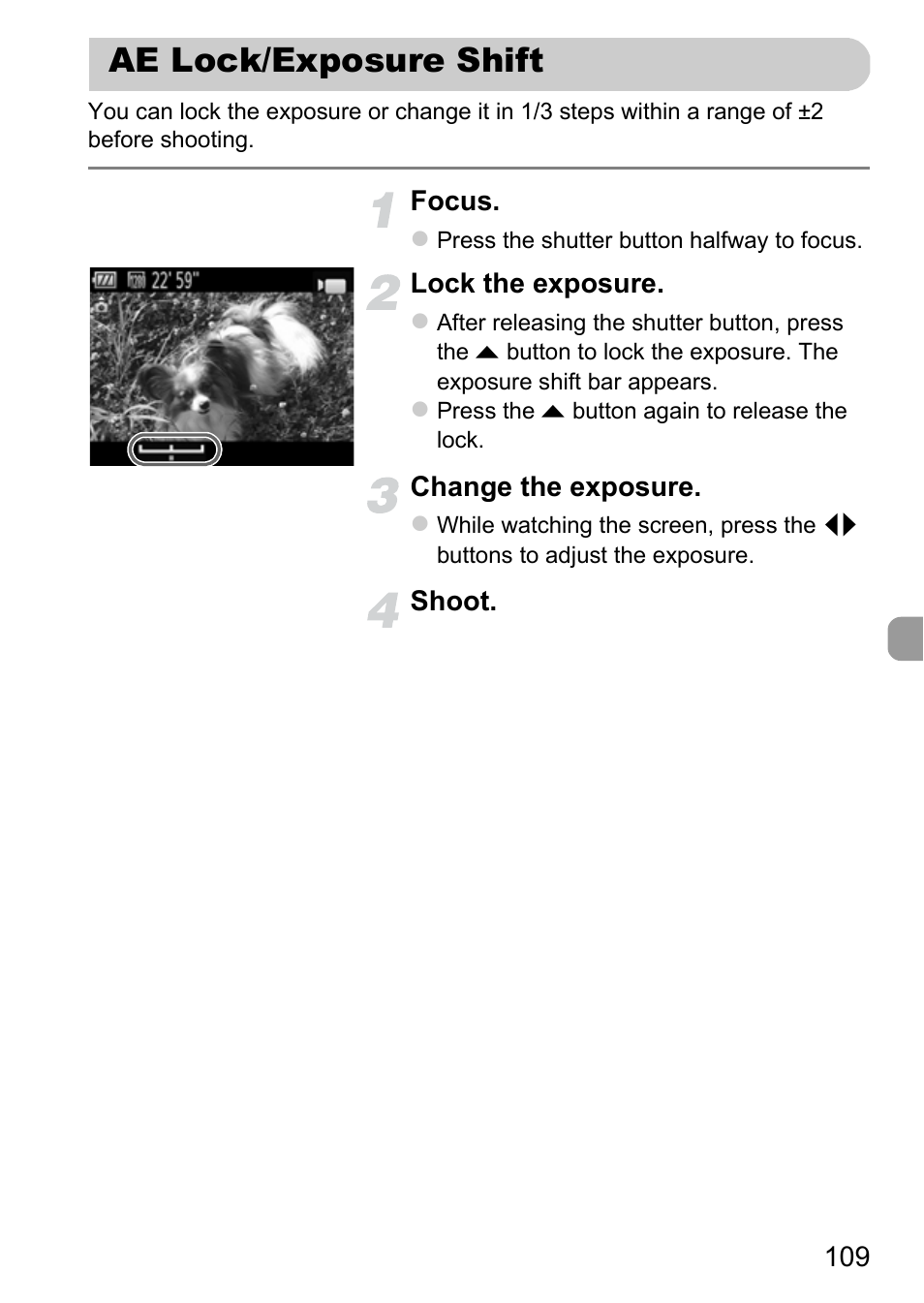 Ae lock/exposure shift | Canon A3350 IS User Manual | Page 109 / 201